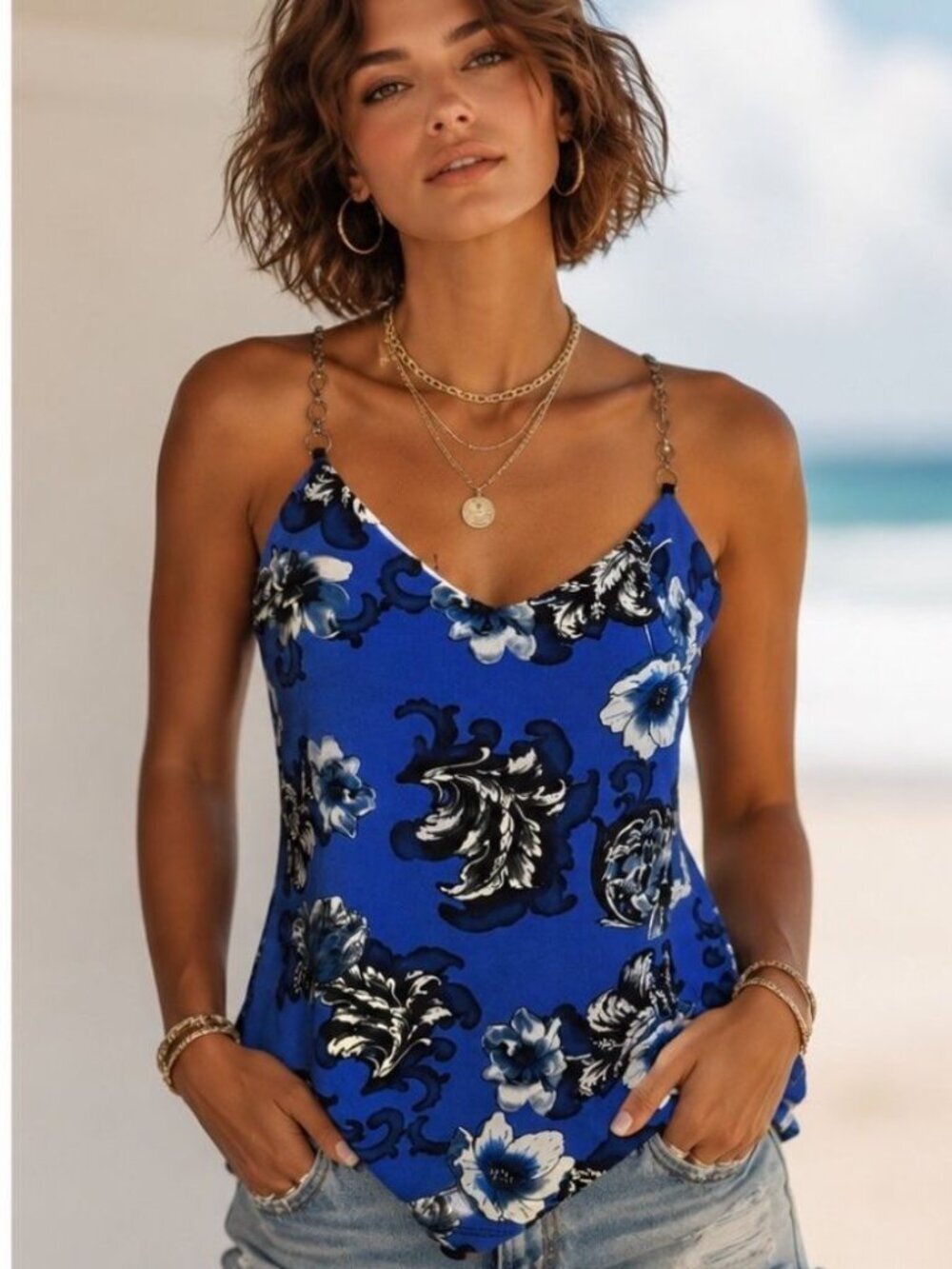 CACHE VTG Blue Floral Cami Top MEDIUM Y2k Bohochic Beach Coastal Vacation Cruise